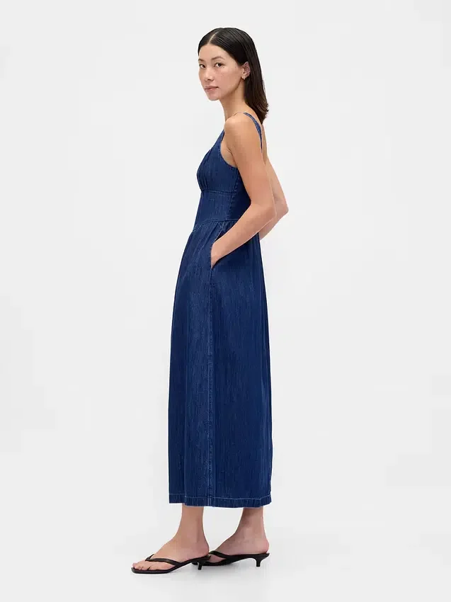 Denim Düşük Bel Korsajlı Midi Elbise
