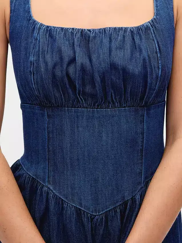 Denim Düşük Bel Korsajlı Midi Elbise
