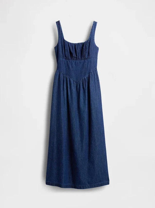 Denim Düşük Bel Korsajlı Midi Elbise