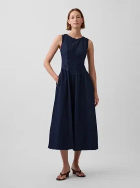 Denim Düşük Bel Midi Elbise
