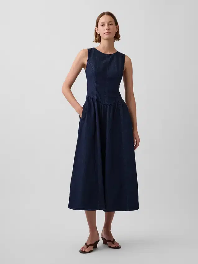 Denim Düşük Bel Midi Elbise