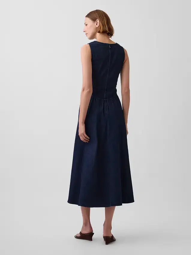 Denim Düşük Bel Midi Elbise