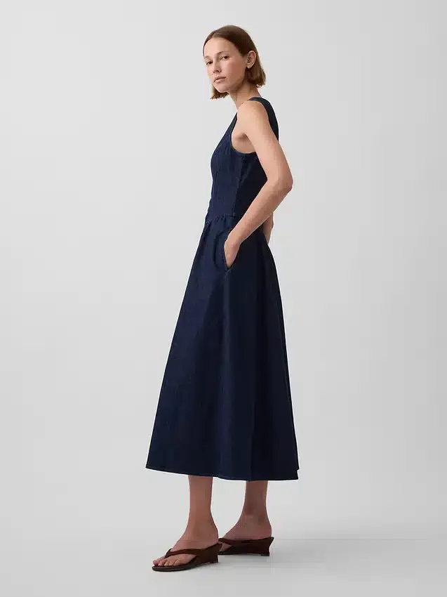 Denim Düşük Bel Midi Elbise