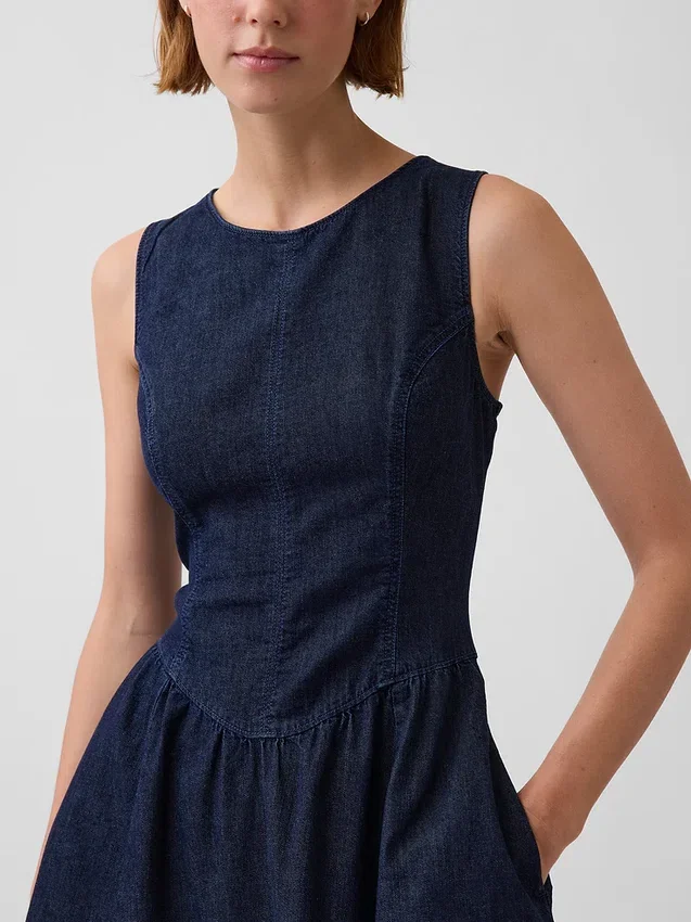 Denim Düşük Bel Midi Elbise