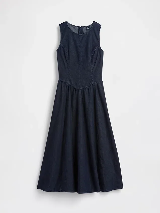 Denim Düşük Bel Midi Elbise