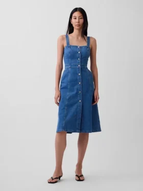 Denim Düğmeli Midi Elbise