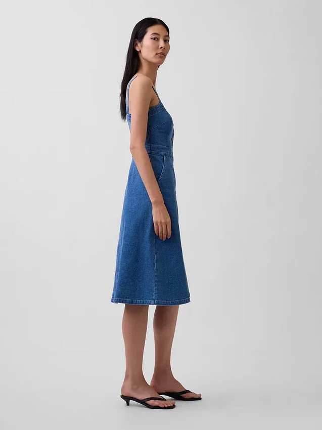 Denim Düğmeli Midi Elbise