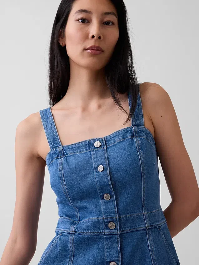 Denim Düğmeli Midi Elbise