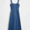 Denim Düğmeli Midi Elbise