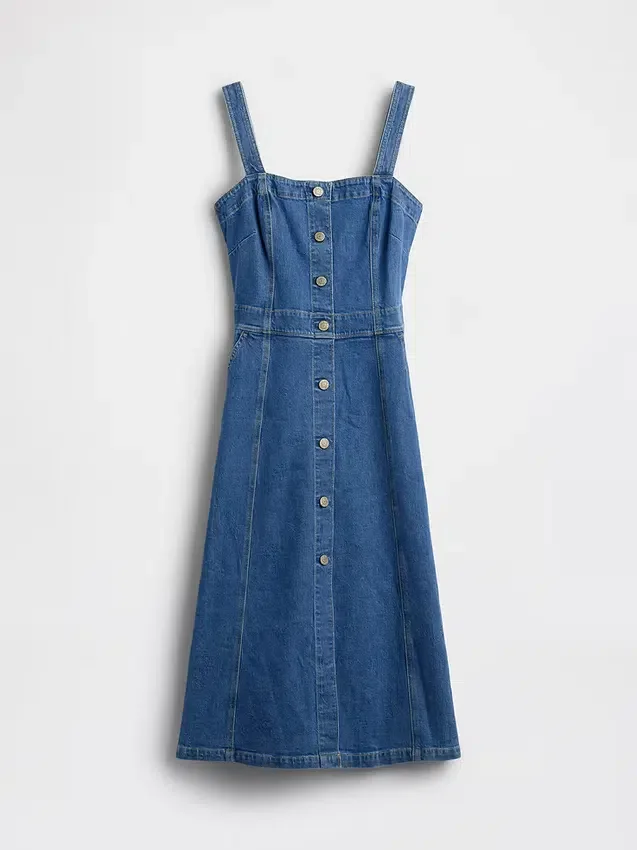 Denim Düğmeli Midi Elbise