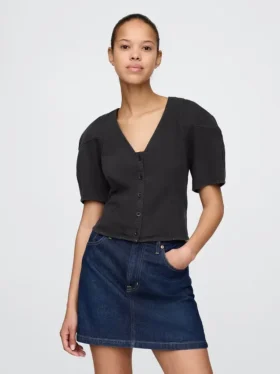 Denim Geniş Kollu Kısa Gömlek