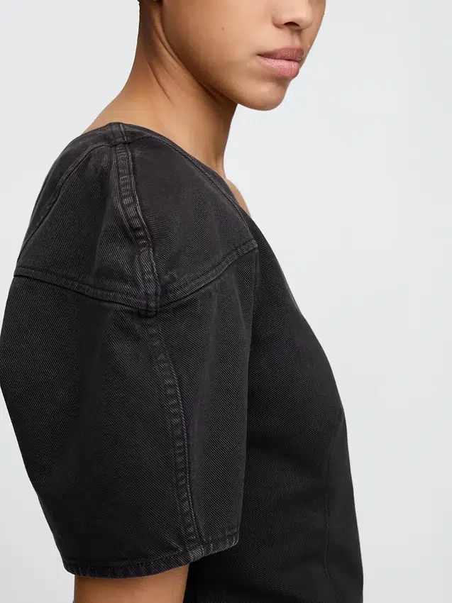 Denim Geniş Kollu Kısa Gömlek