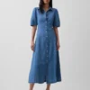 Denim Geniş Kollu Midi Gömlek Elbise