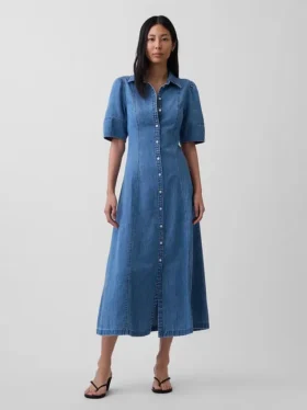 Denim Geniş Kollu Midi Gömlek Elbise