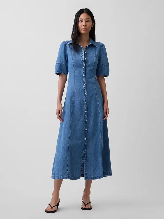 Denim Geniş Kollu Midi Gömlek Elbise