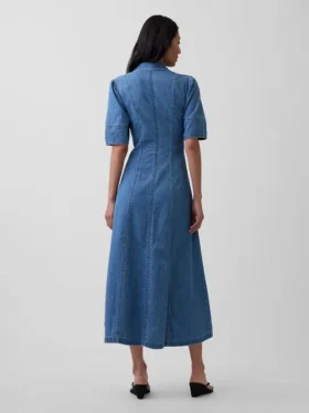 Denim Geniş Kollu Midi Gömlek Elbise