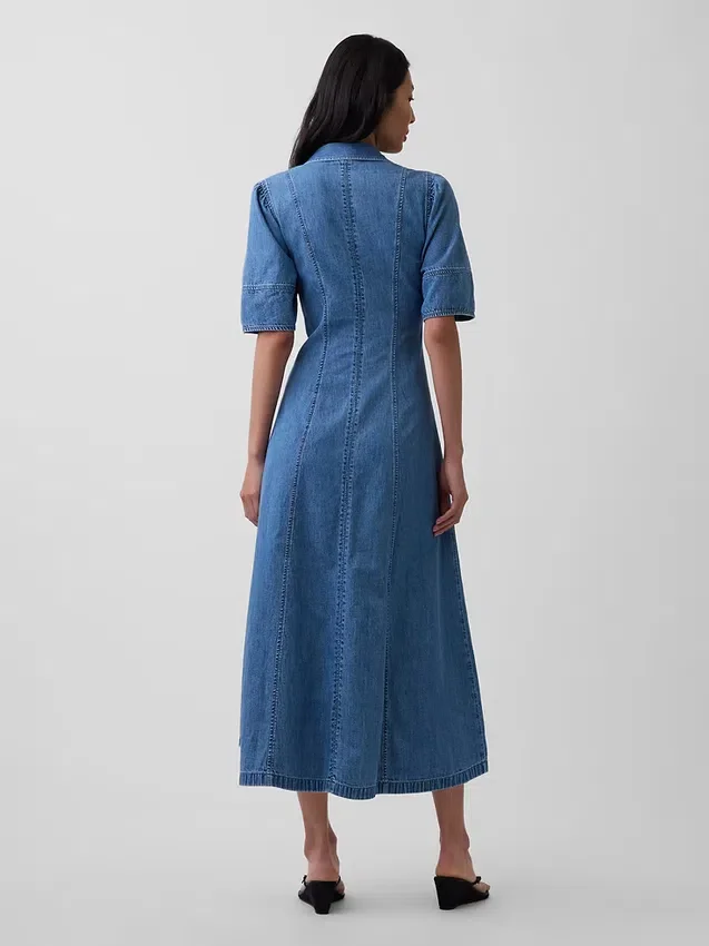 Denim Geniş Kollu Midi Gömlek Elbise