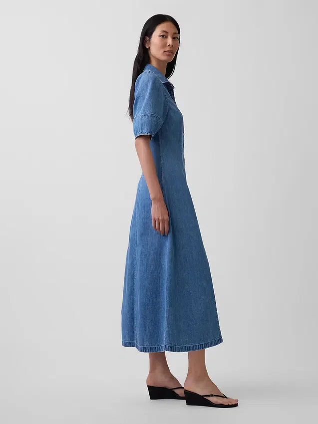 Denim Geniş Kollu Midi Gömlek Elbise