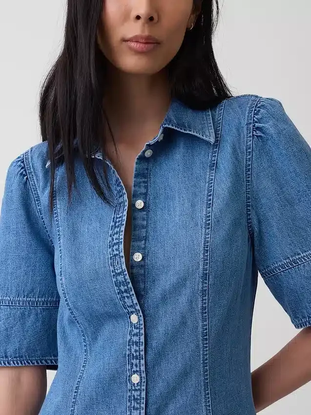 Denim Geniş Kollu Midi Gömlek Elbise