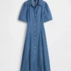 Denim Geniş Kollu Midi Gömlek Elbise