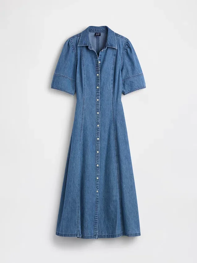 Denim Geniş Kollu Midi Gömlek Elbise