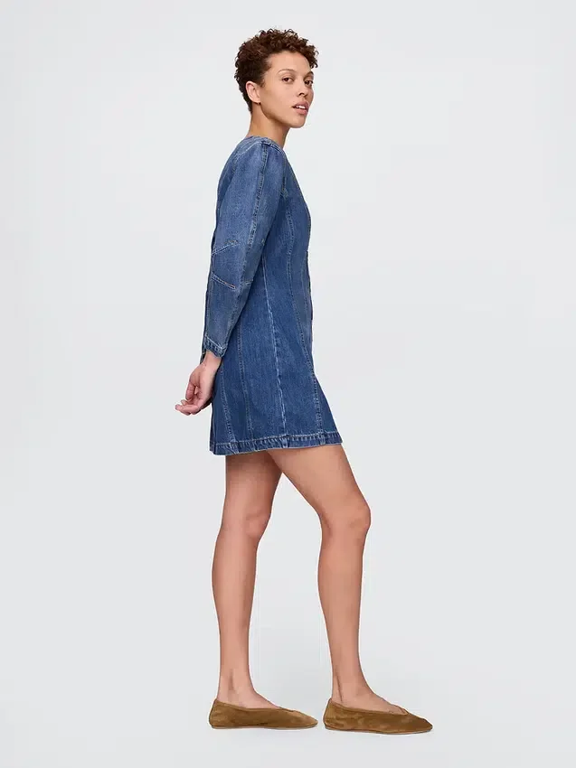 Denim Geniş Kollu Mini Elbise