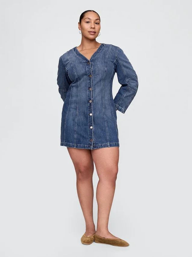 Denim Geniş Kollu Mini Elbise