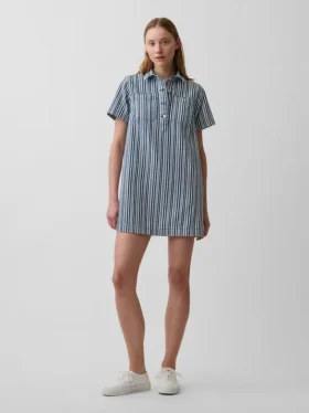 Denim Çizgili Popover Mini Elbise