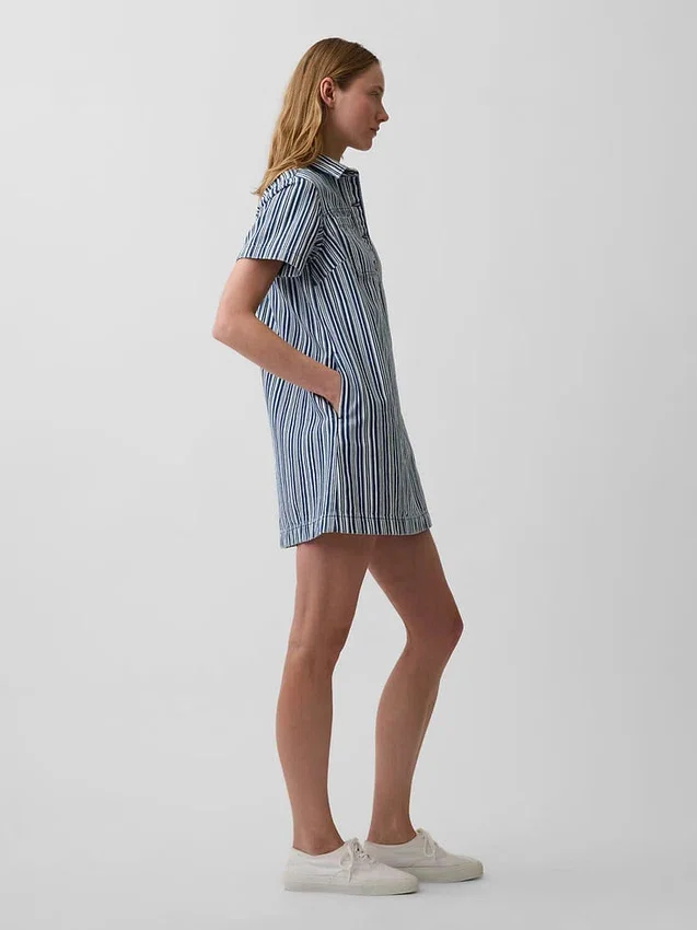 Denim Çizgili Popover Mini Elbise