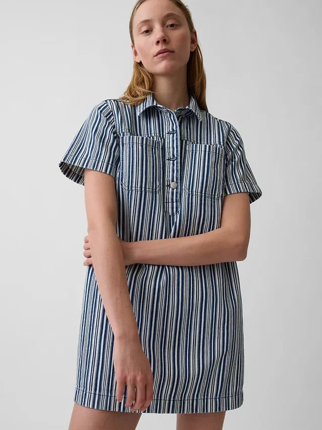 Denim Çizgili Popover Mini Elbise