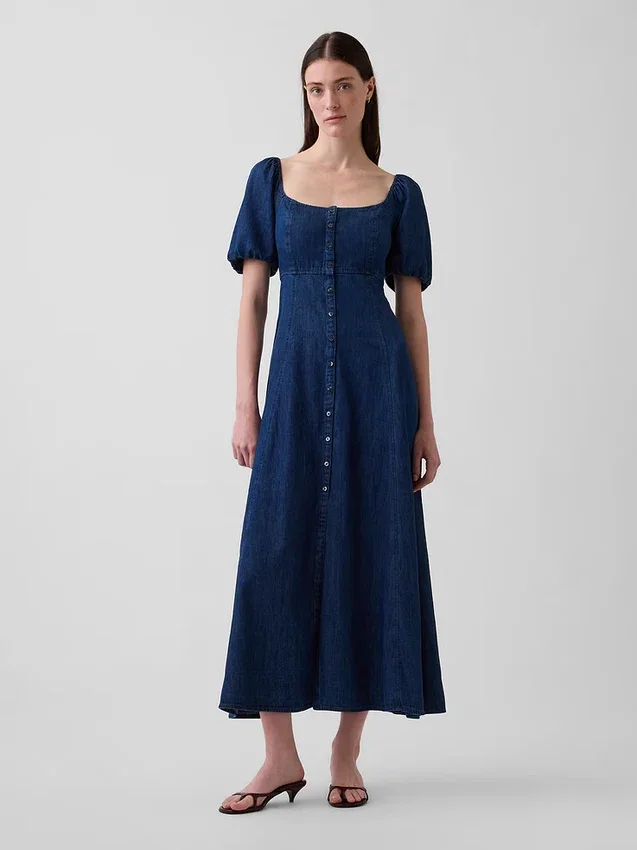 Denim Kabarık Kollu Önden Düğmeli Maxi Elbise