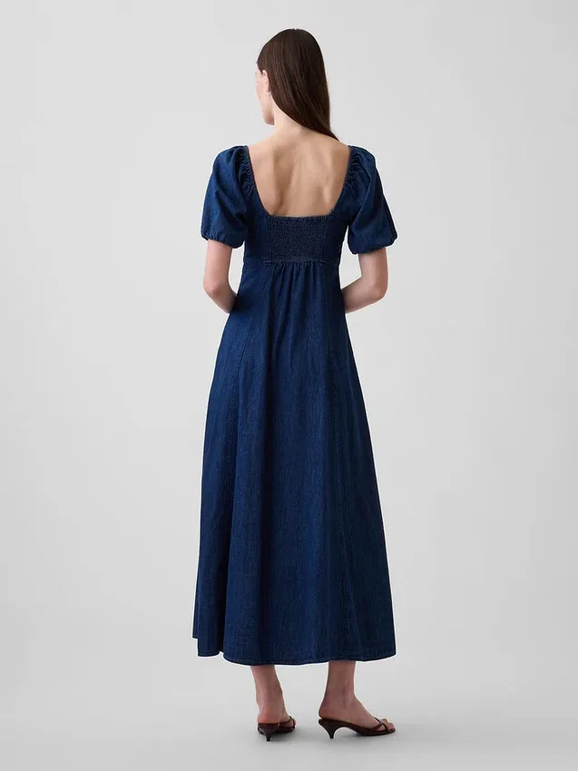 Denim Kabarık Kollu Önden Düğmeli Maxi Elbise
