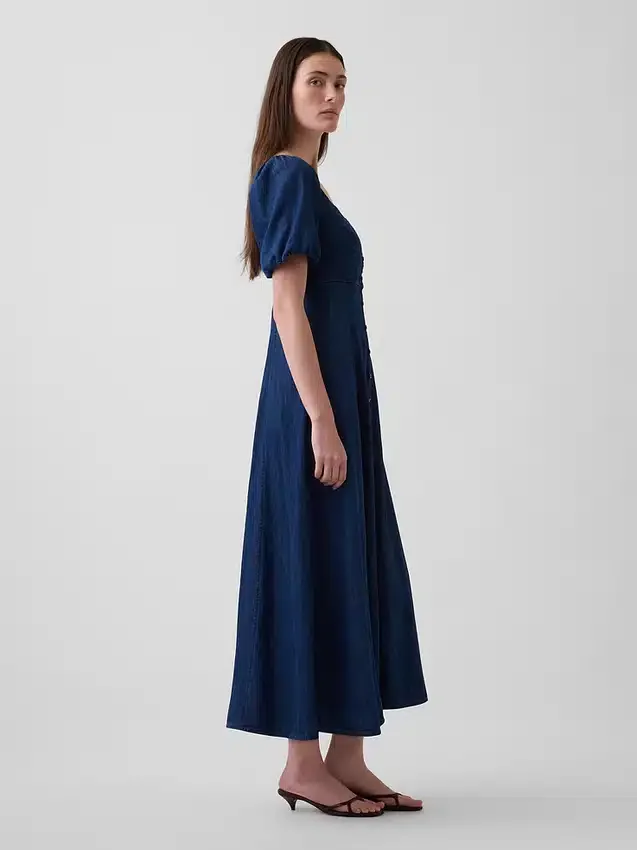 Denim Kabarık Kollu Önden Düğmeli Maxi Elbise