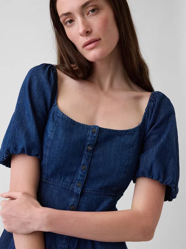 Denim Kabarık Kollu Önden Düğmeli Maxi Elbise