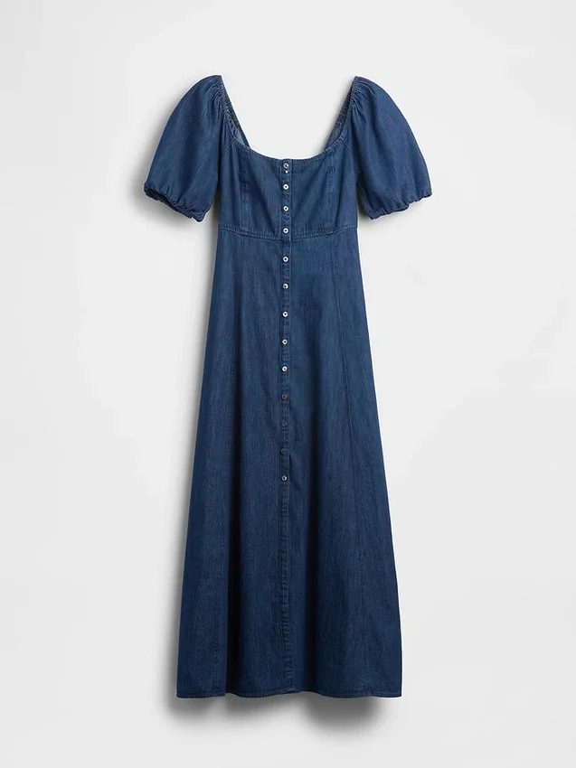 Denim Kabarık Kollu Önden Düğmeli Maxi Elbise