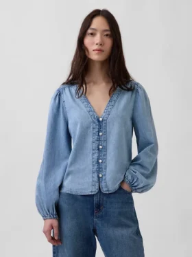 Denim Kabarık Kollu Üst Giyim