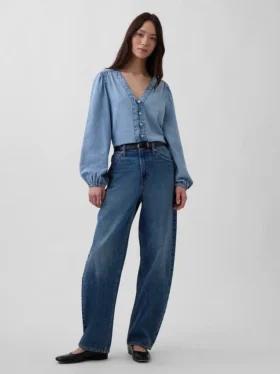 Denim Kabarık Kollu Üst Giyim