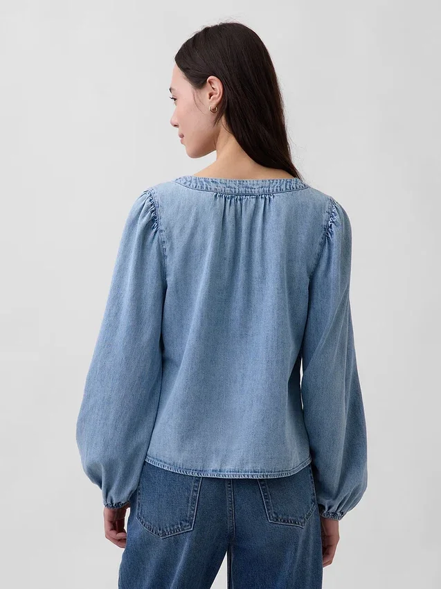 Denim Kabarık Kollu Üst Giyim