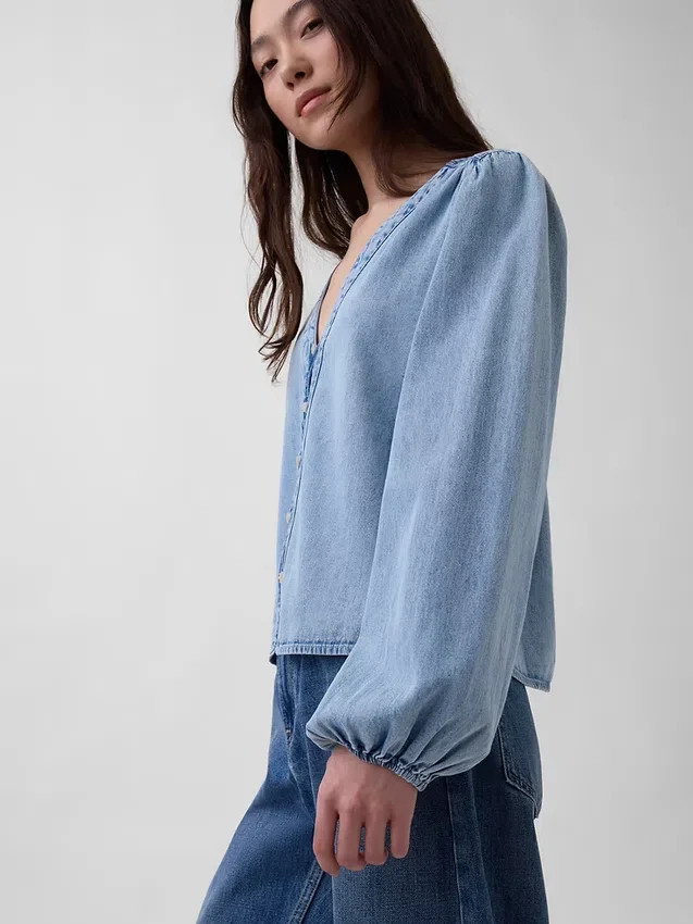 Denim Kabarık Kollu Üst Giyim