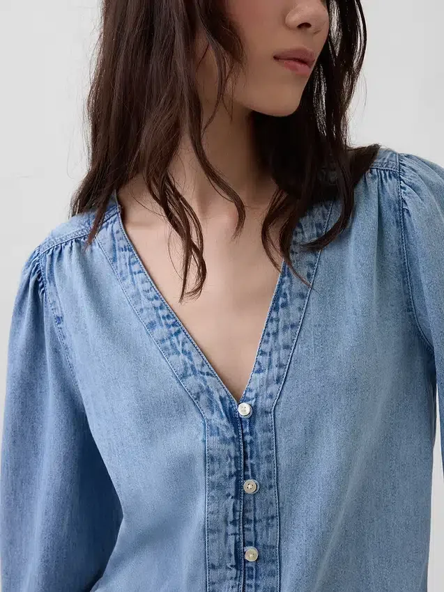 Denim Kabarık Kollu Üst Giyim