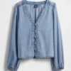 Denim Kabarık Kollu Üst Giyim
