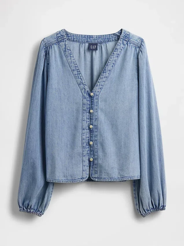 Denim Kabarık Kollu Üst Giyim