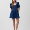 Denim Kabarık Kollu Sweetheart Mini Elbise