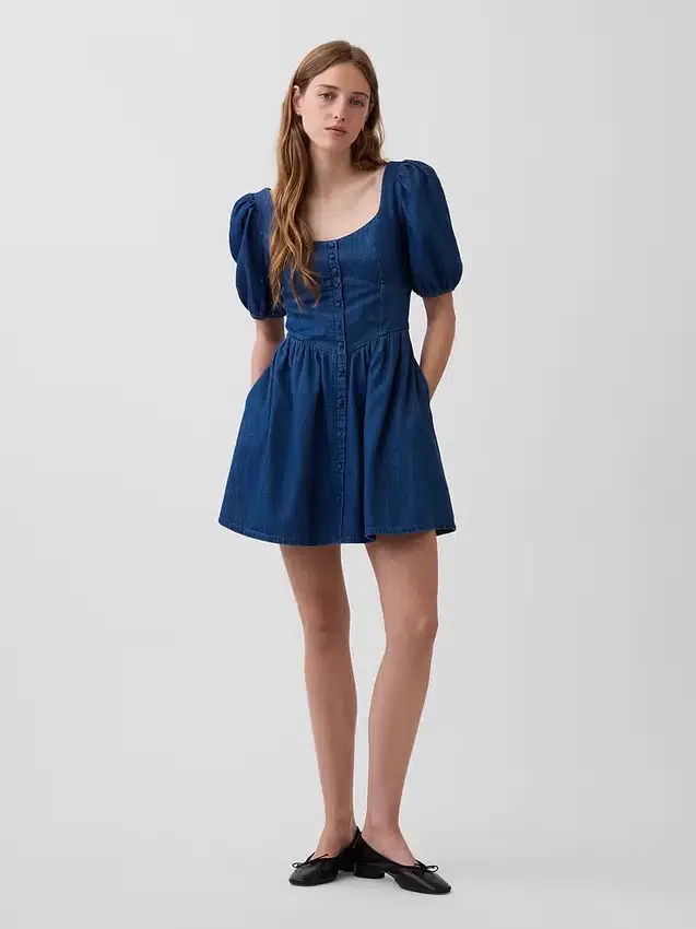 Denim Kabarık Kollu Sweetheart Mini Elbise
