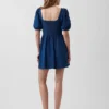 Denim Kabarık Kollu Sweetheart Mini Elbise
