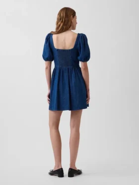 Denim Kabarık Kollu Sweetheart Mini Elbise