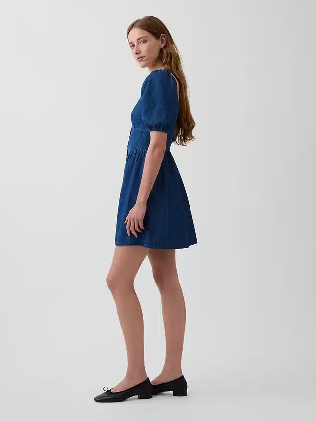 Denim Kabarık Kollu Sweetheart Mini Elbise