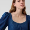 Denim Kabarık Kollu Sweetheart Mini Elbise