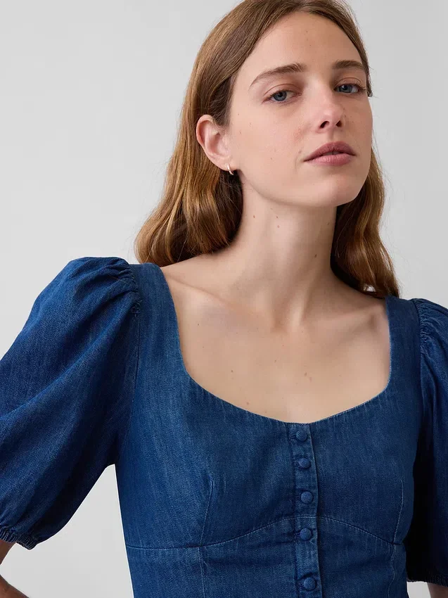 Denim Kabarık Kollu Sweetheart Mini Elbise