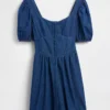 Denim Kabarık Kollu Sweetheart Mini Elbise